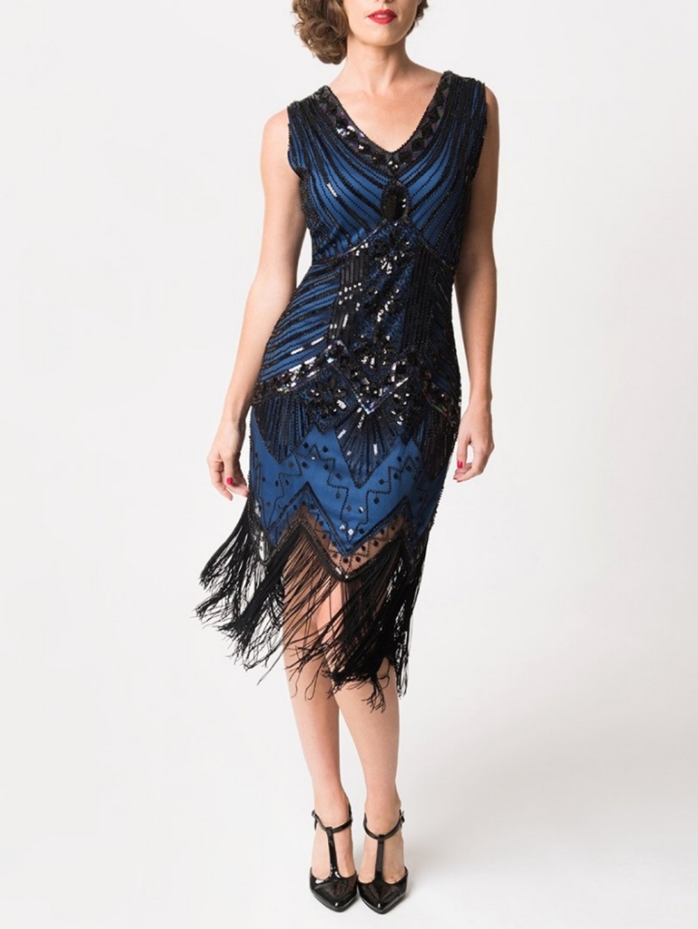1920s Vintage-Inspired Blue & Black Sequin Fringe Dress